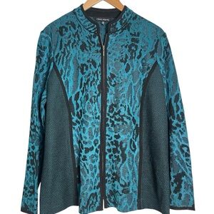 Ming Wang | Turquoise Black Mesh Leopard Lightweight Jacket Artsy Contemporary